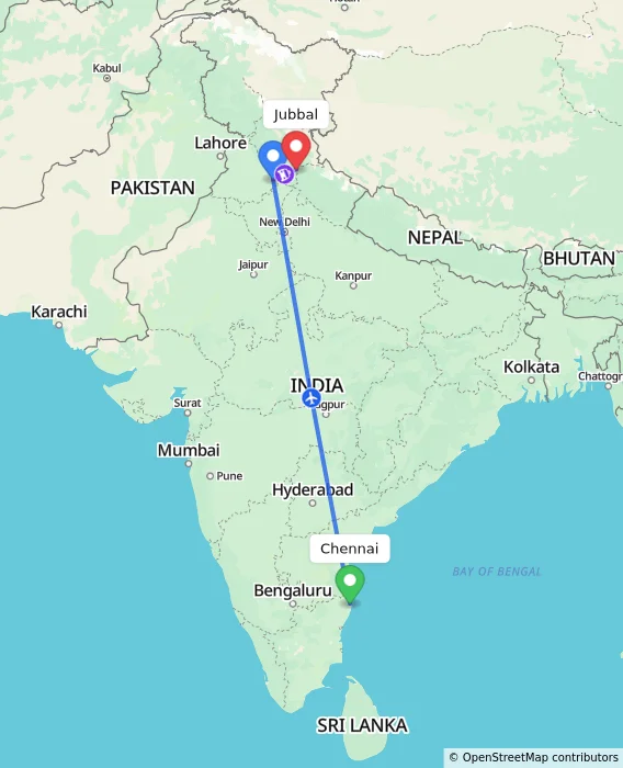 Route map showing distance and travel time from Chennai, India to Jubbal, India