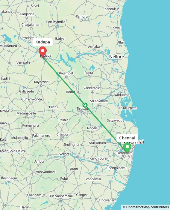 Route map showing distance and travel time from Chennai, India to Kadapa, India