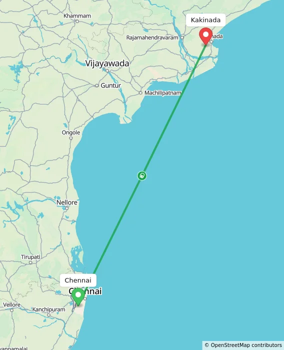 Route map showing distance and travel time from Chennai, India to Kakinada, India