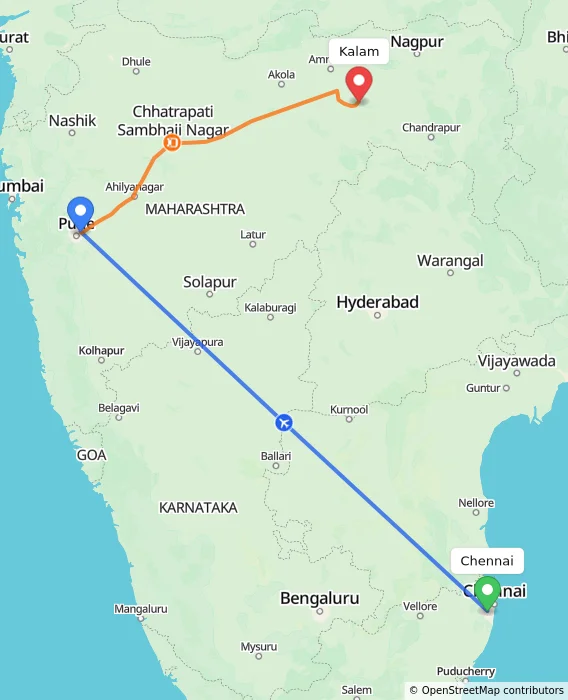 Route map showing distance and travel time from Chennai, India to Kalam, India
