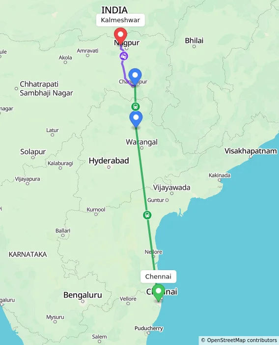 Route map showing distance and travel time from Chennai, India to Kalmeshwar, India
