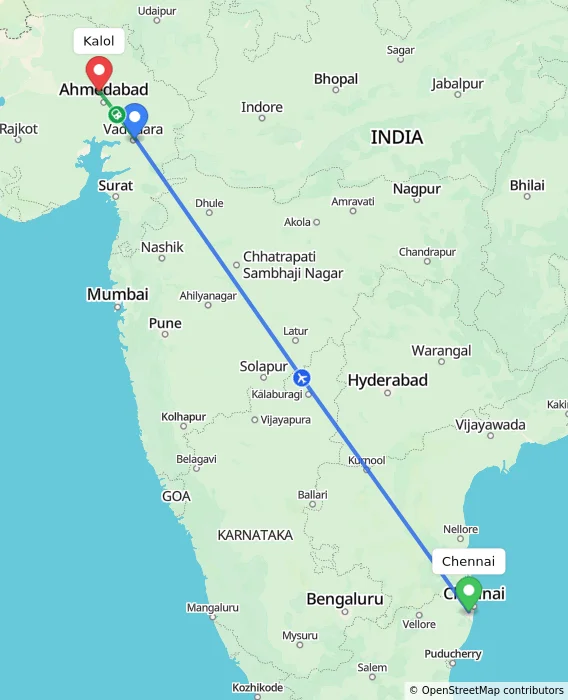 Route map showing distance and travel time from Chennai, India to Kalol, India