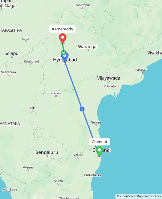 Route map showing distance and travel time from Chennai, India to Kamareddy, India