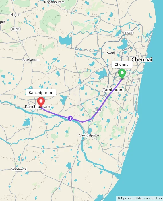 Route map showing distance and travel time from Chennai, India to Kanchipuram, India