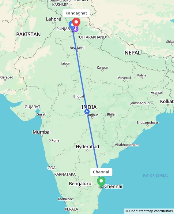 Route map showing distance and travel time from Chennai, India to Kandaghat, India