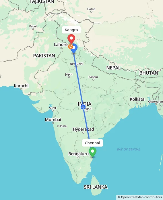 Route map showing distance and travel time from Chennai, India to Kangra, India