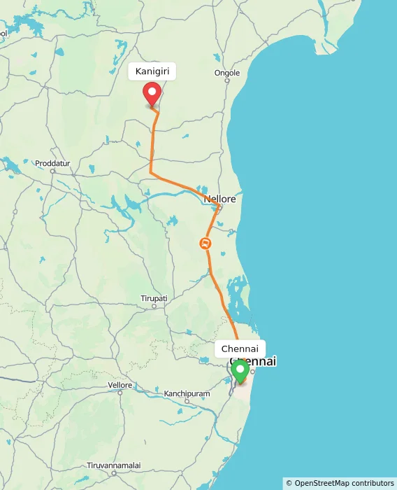 Route map showing distance and travel time from Chennai, India to Kanigiri, India