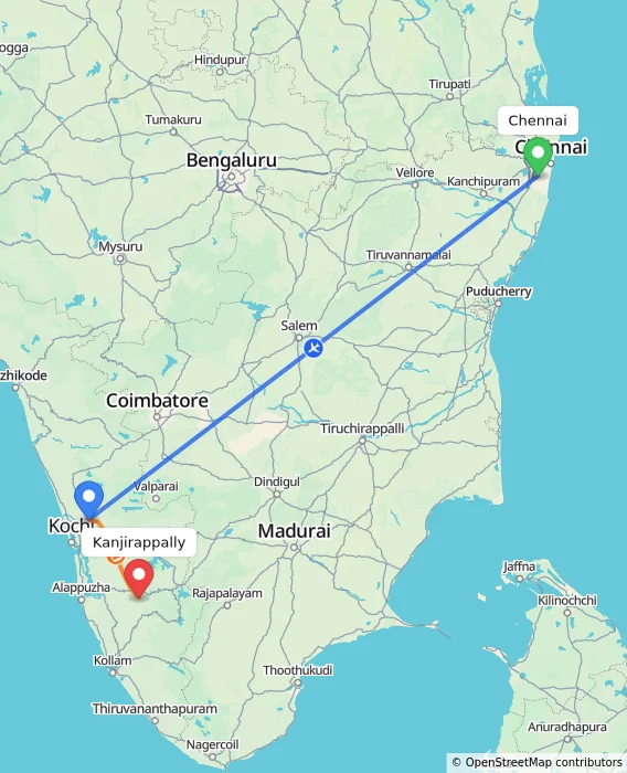 Route map showing distance and travel time from Chennai, India to Kanjirappally, India