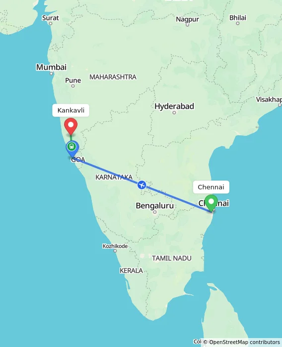 Route map showing distance and travel time from Chennai, India to Kankavli, India