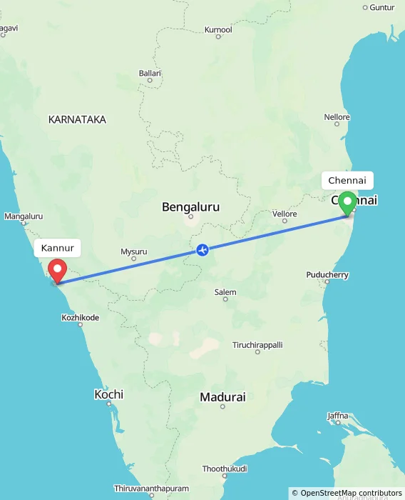 Route map showing distance and travel time from Chennai, India to Kannur, India