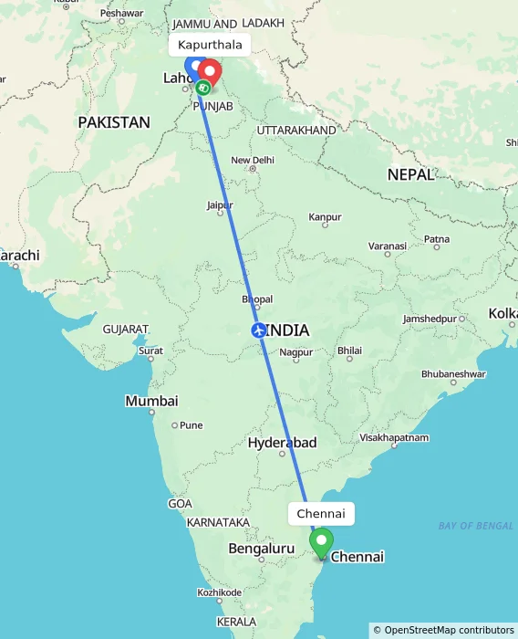 Route map showing distance and travel time from Chennai, India to Kapurthala, India