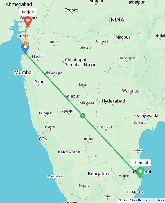 Route map showing distance and travel time from Chennai, India to Karjan, India