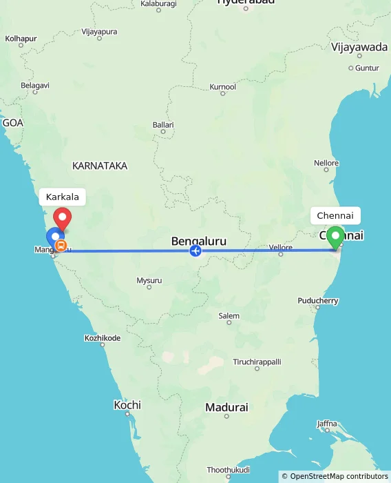 Route map showing distance and travel time from Chennai, India to Karkala, India