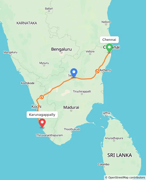 Route map showing distance and travel time from Chennai, India to Karunagappally, India