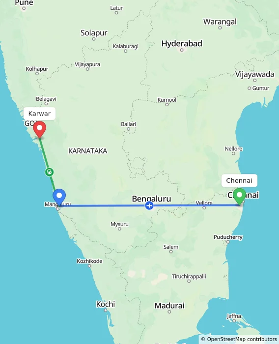 Route map showing distance and travel time from Chennai, India to Karwar, India