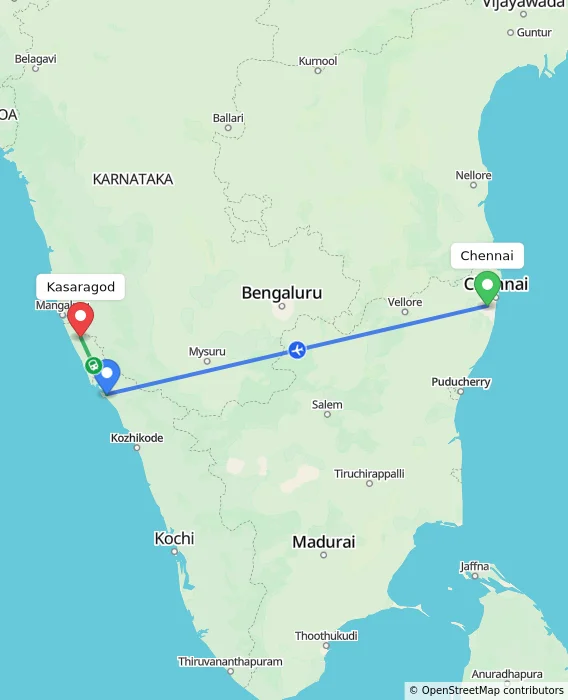 Route map showing distance and travel time from Chennai, India to Kasaragod, India