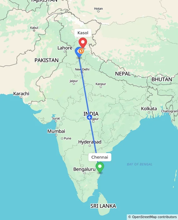 Route map showing distance and travel time from Chennai, India to Kasol, India