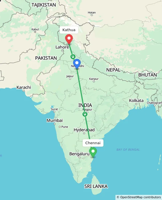 Route map showing distance and travel time from Chennai, India to Kathua, India