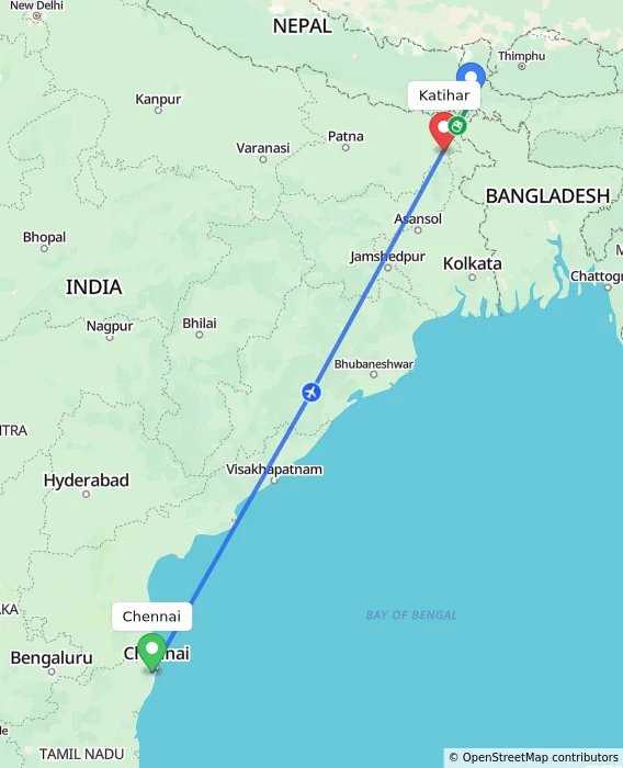 Route map showing distance and travel time from Chennai, India to Katihar, India