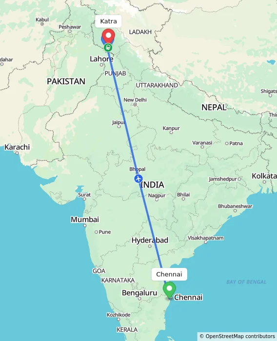 Route map showing distance and travel time from Chennai, India to Katra, India