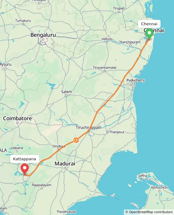 Route map showing distance and travel time from Chennai, India to Kattappana, India