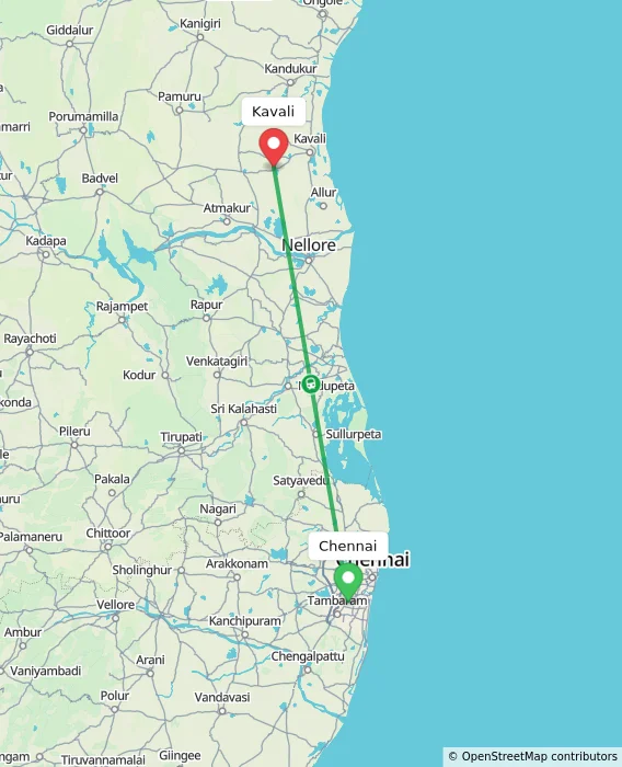 Route map showing distance and travel time from Chennai, India to Kavali, India
