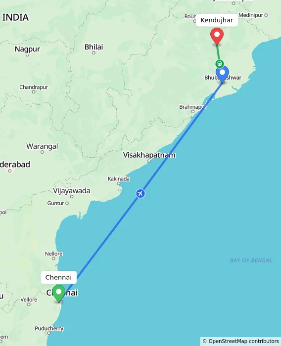 Route map showing distance and travel time from Chennai, India to Kendujhar, India