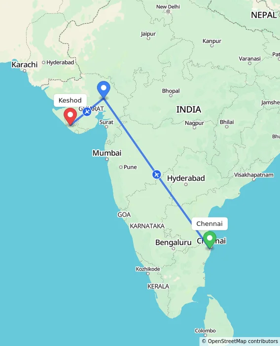 Route map showing distance and travel time from Chennai, India to Keshod, India