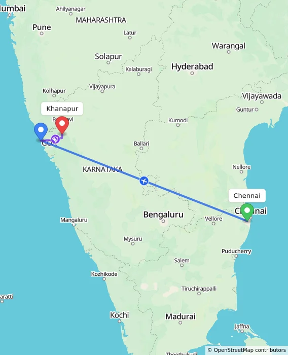 Route map showing distance and travel time from Chennai, India to Khanapur, India