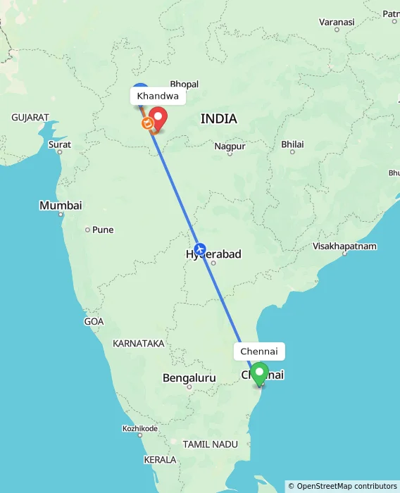 Route map showing distance and travel time from Chennai, India to Khandwa, India