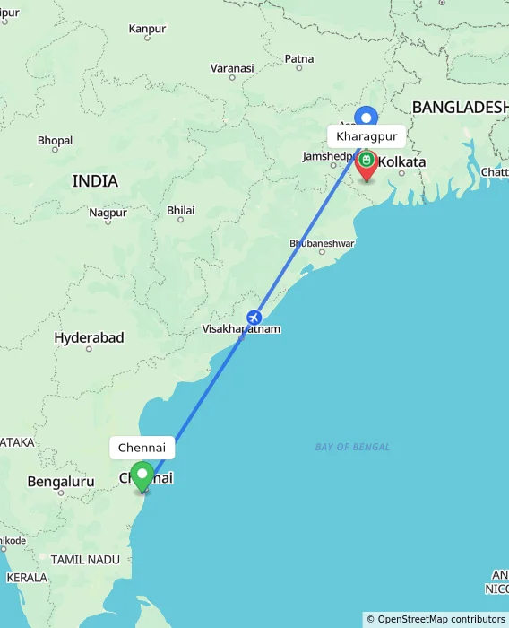 Route map showing distance and travel time from Chennai, India to Kharagpur, India