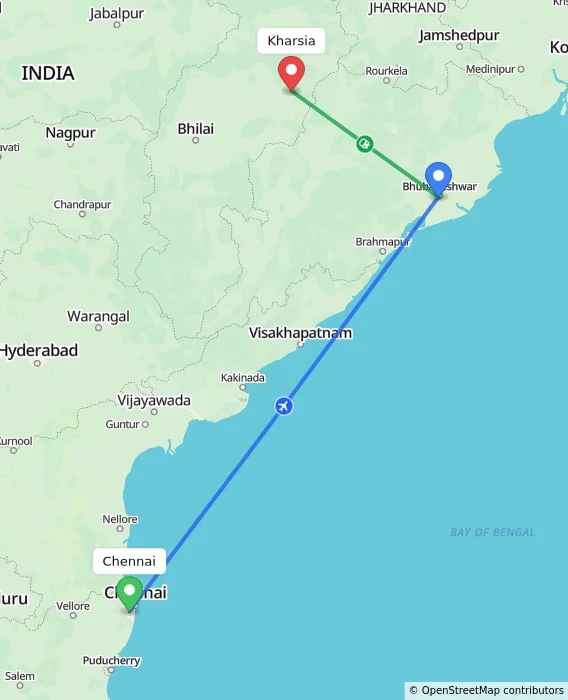 Route map showing distance and travel time from Chennai, India to Kharsia, India