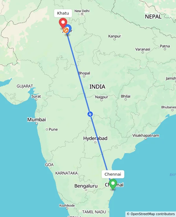 Route map showing distance and travel time from Chennai, India to Khatu, India