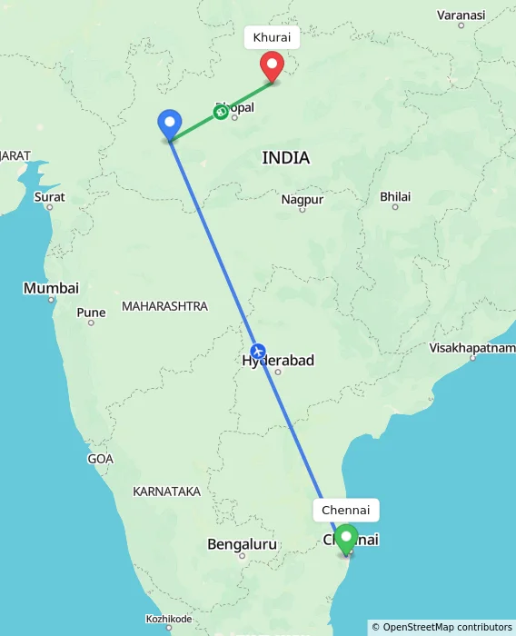 Route map showing distance and travel time from Chennai, India to Khurai, India