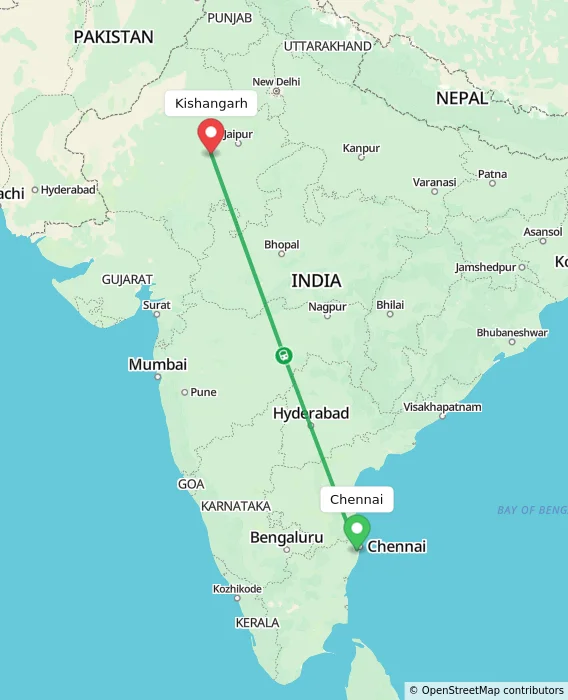 Route map showing distance and travel time from Chennai, India to Kishangarh, India