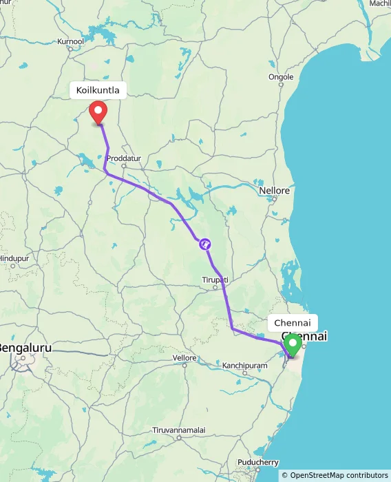 Route map showing distance and travel time from Chennai, India to Koilkuntla, India