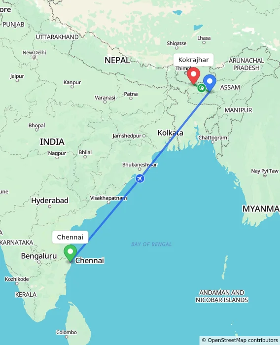 Route map showing distance and travel time from Chennai, India to Kokrajhar, India