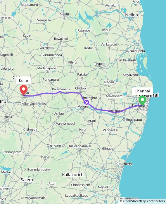 Route map showing distance and travel time from Chennai, India to Kolar, India