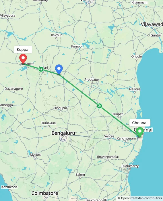 Route map showing distance and travel time from Chennai, India to Koppal, India