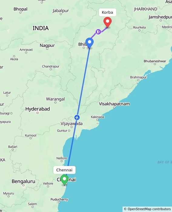 Route map showing distance and travel time from Chennai, India to Korba, India