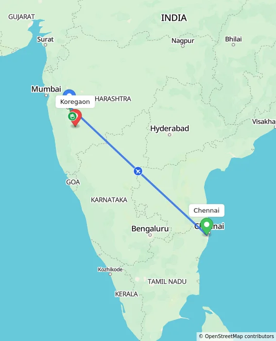 Route map showing distance and travel time from Chennai, India to Koregaon, India