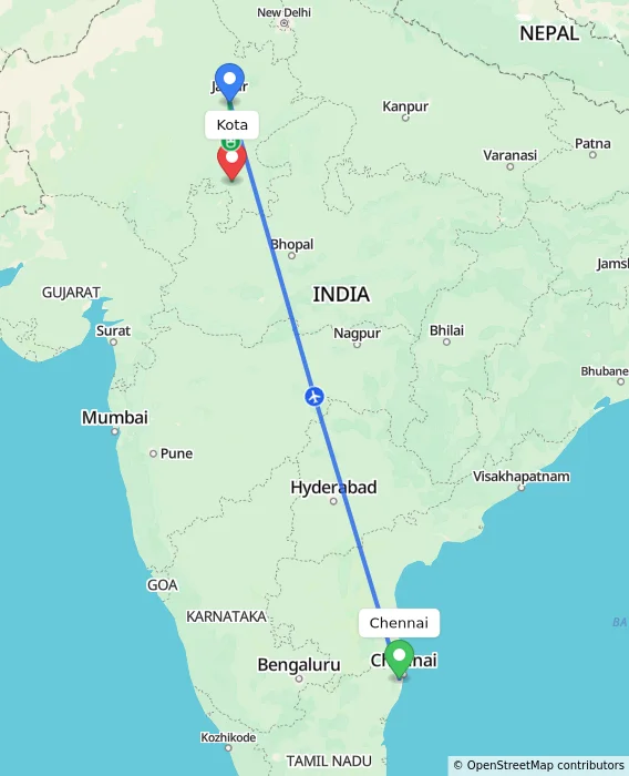 Route map showing distance and travel time from Chennai, India to Kota, India