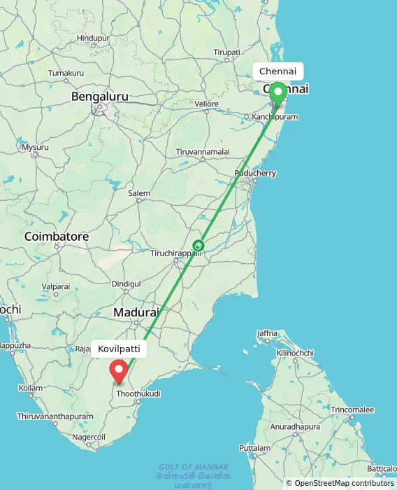 Route map showing distance and travel time from Chennai, India to Kovilpatti, India