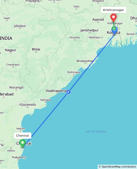 Route map showing distance and travel time from Chennai, India to Krishnanagar, India