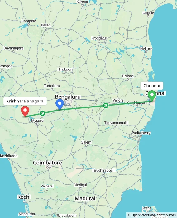 Route map showing distance and travel time from Chennai, India to Krishnarajanagara, India