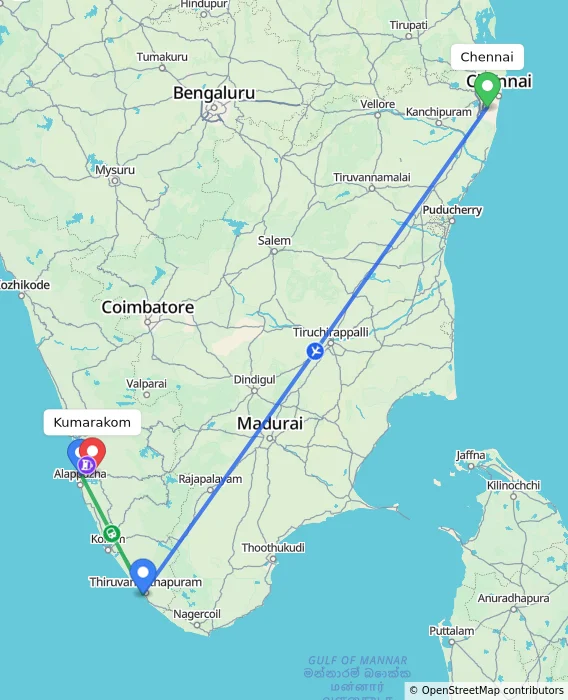 Route map showing distance and travel time from Chennai, India to Kumarakom, India