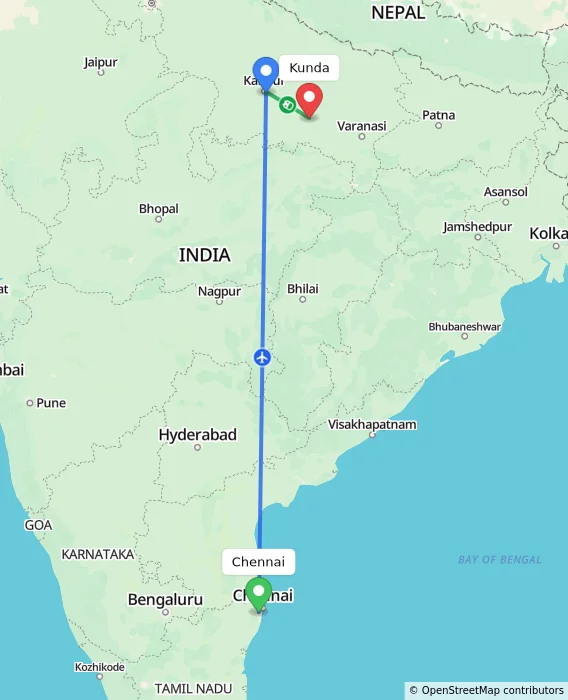 Route map showing distance and travel time from Chennai, India to Kunda, India