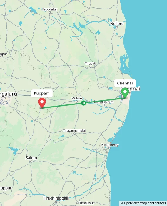 Route map showing distance and travel time from Chennai, India to Kuppam, India