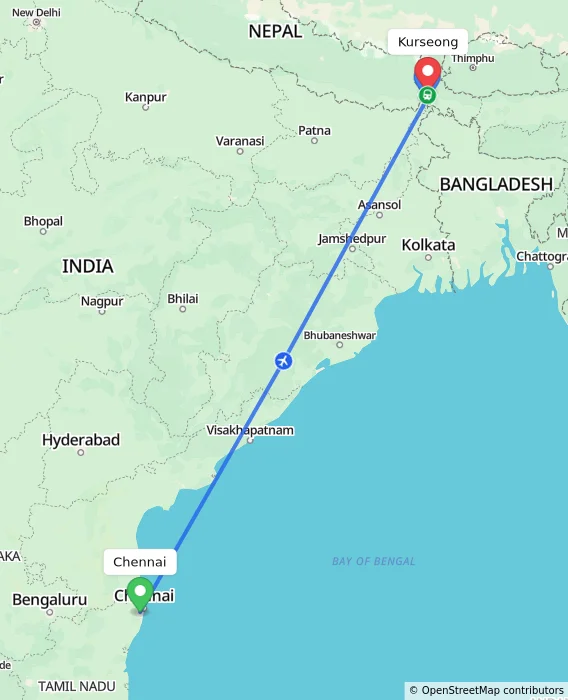 Route map showing distance and travel time from Chennai, India to Kurseong, India