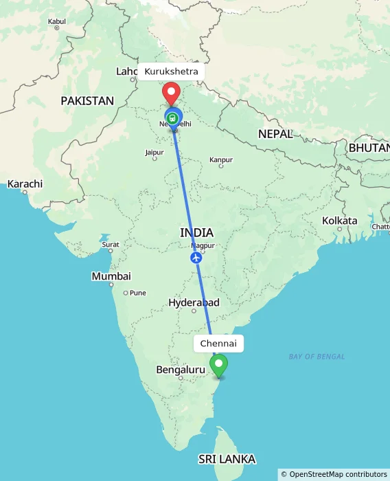 Route map showing distance and travel time from Chennai, India to Kurukshetra, India